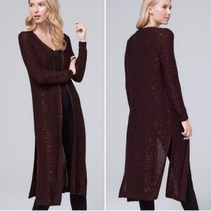 White House Black Market “Sequin Duster” Deep Burgundy Long Cardigan Sweater